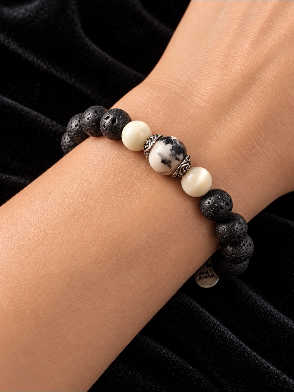 Alexa’s Angels Black Lava Rock Bracelet with White Stones and Silver Charm